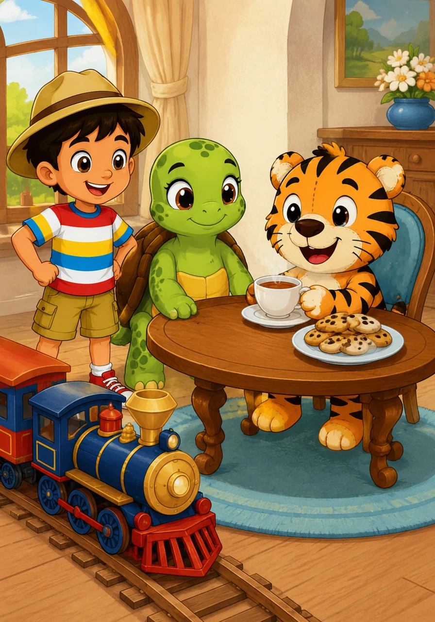 El tren se detiene pacíficamente junto a una elegante mesa de madera donde un tigre de peluche muy sonriente los espera. El tigre se llama Tadeo y está disfrutando de una deliciosa taza de té caliente con galletas.