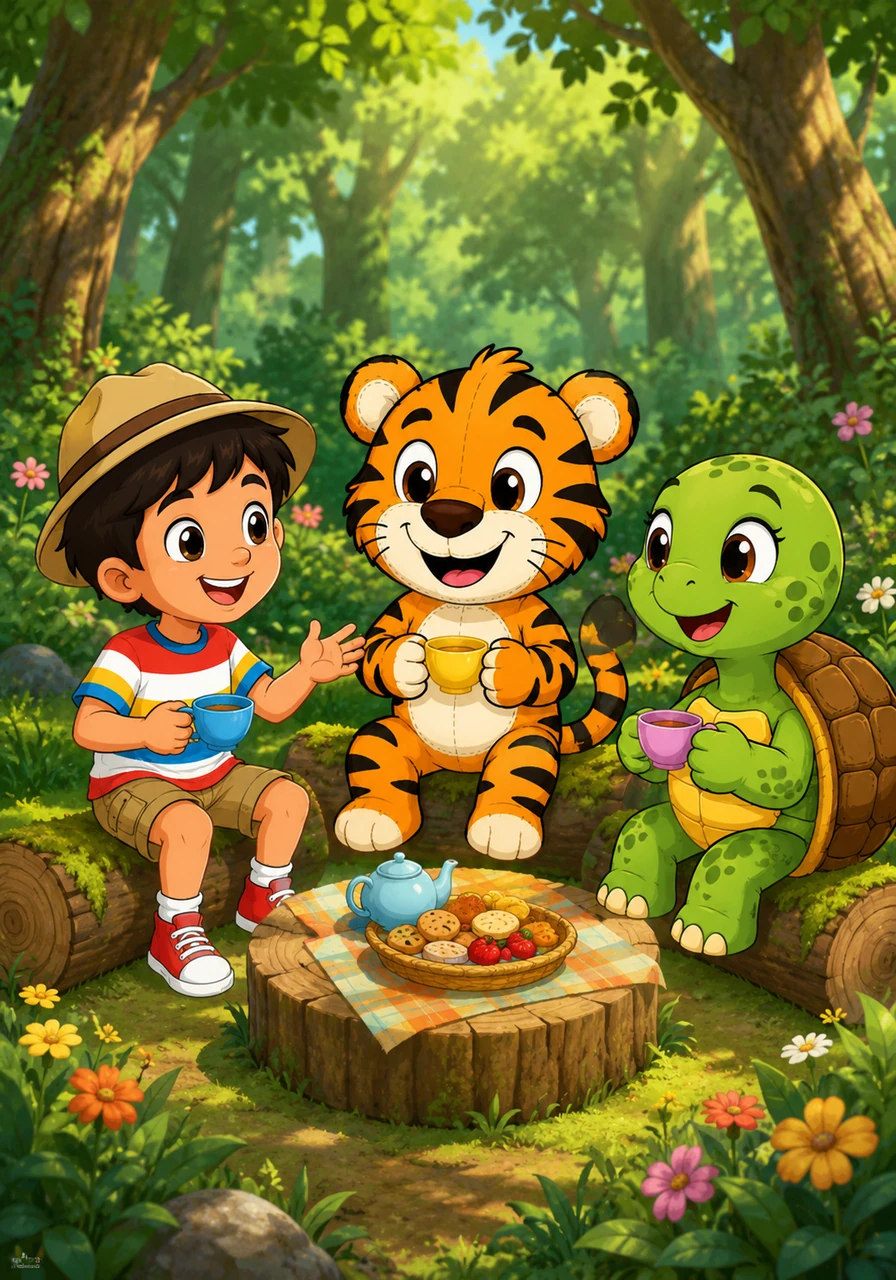 Tadeo el tigre invita a sus nuevos amigos a sentarse en unos troncos acolchados para compartir la merienda. Mientras beben el té, juegan a nombrar todas las cosas divertidas que comienzan con el mismo sonido de sus nombres.