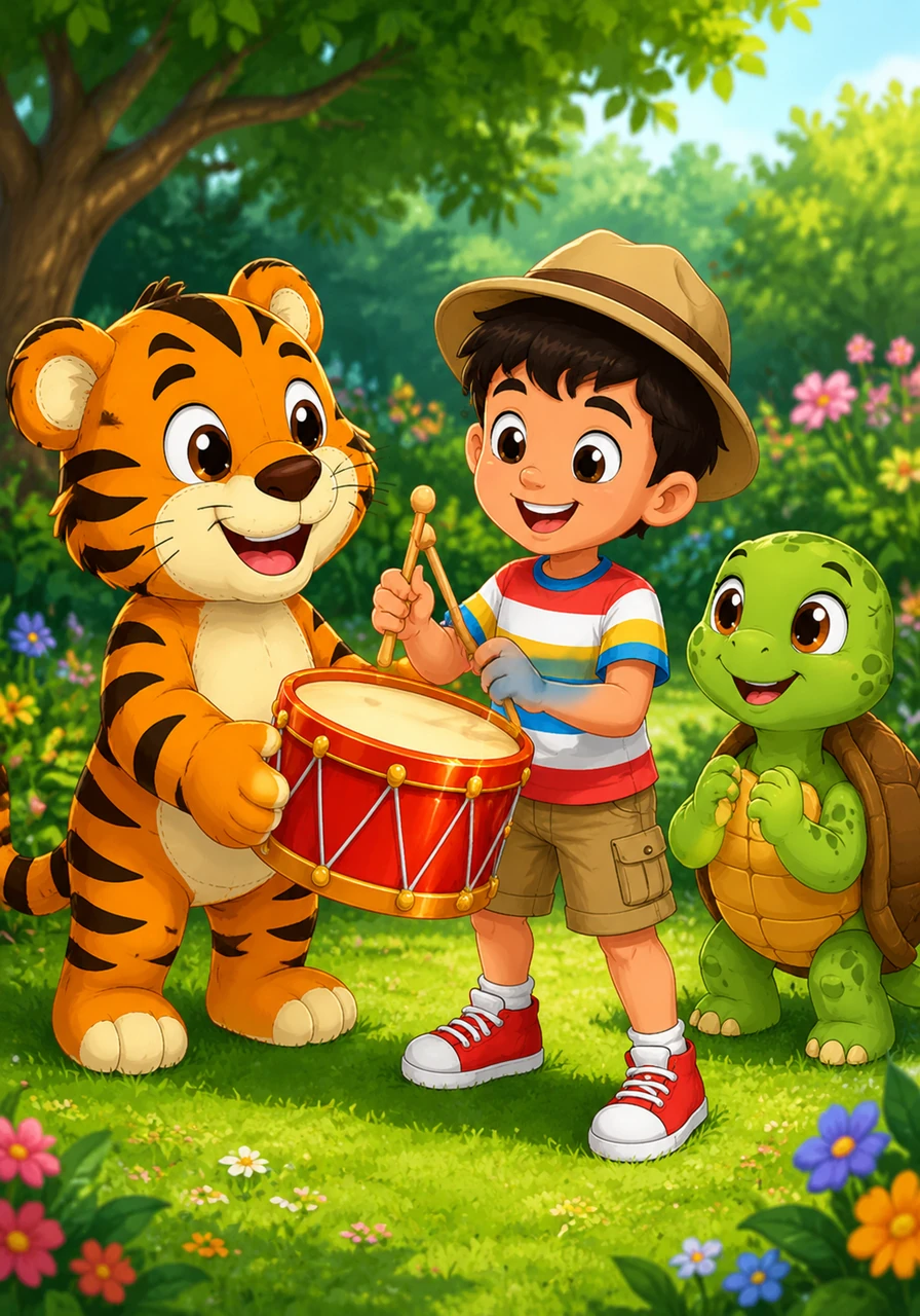 Después de la merienda, el tigre Tadeo le regala a Tito un hermoso tambor de color rojo brillante con baquetas de madera. Tito lo golpea con entusiasmo y el tambor emite un alegre sonido rítmico que resuena por todo el jardín.