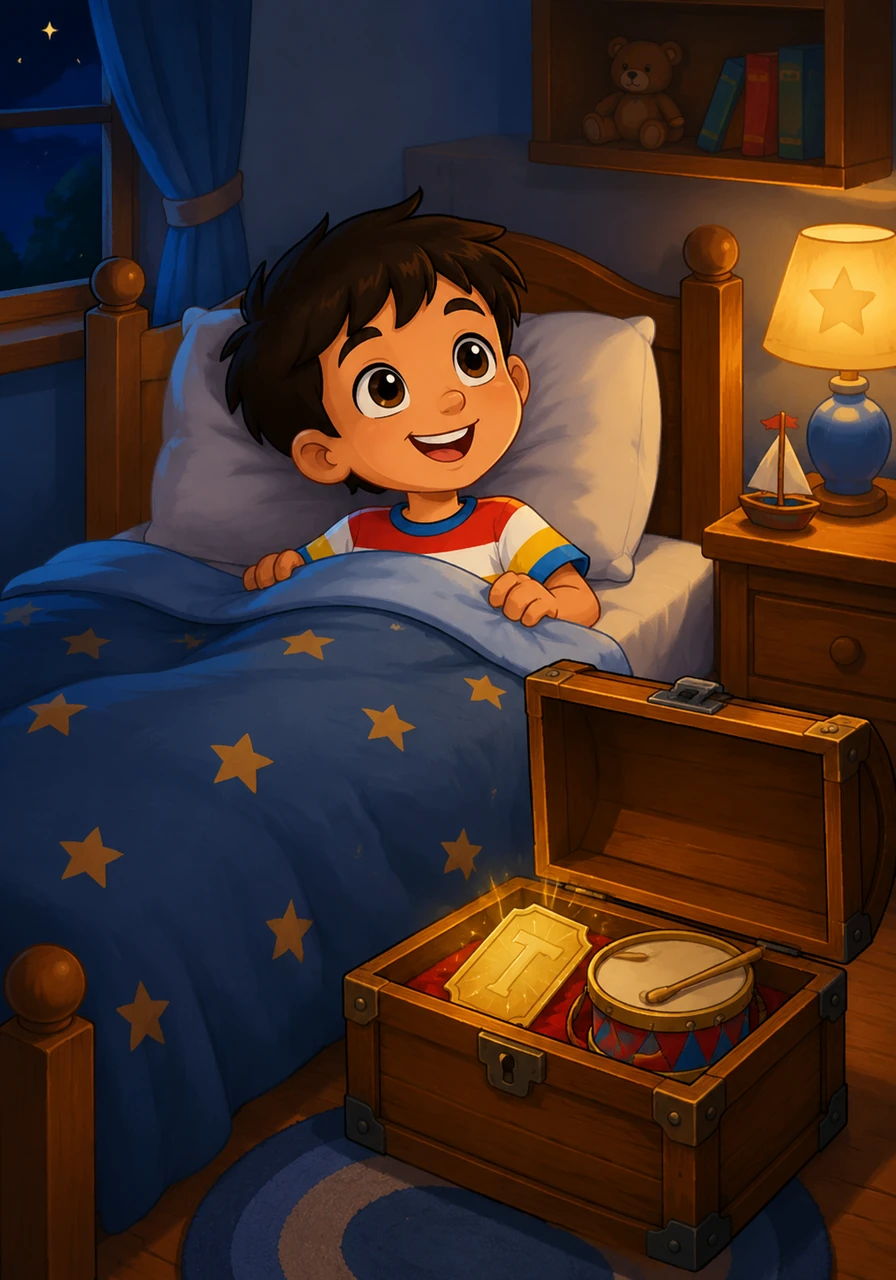 De vuelta en su habitación, Tito guarda su tique dorado, su tambor y sus recuerdos en un baúl especial. Se acuesta en su cama sintiéndose muy feliz y emocionado por haber aprendido los maravillosos secretos de la letra T.