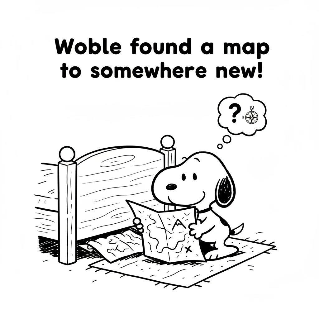 Wobble was a little dog with a big heart and even bigger curiosity. One sunny morning, he found an old, crinkled map hidden under his bed. It showed a