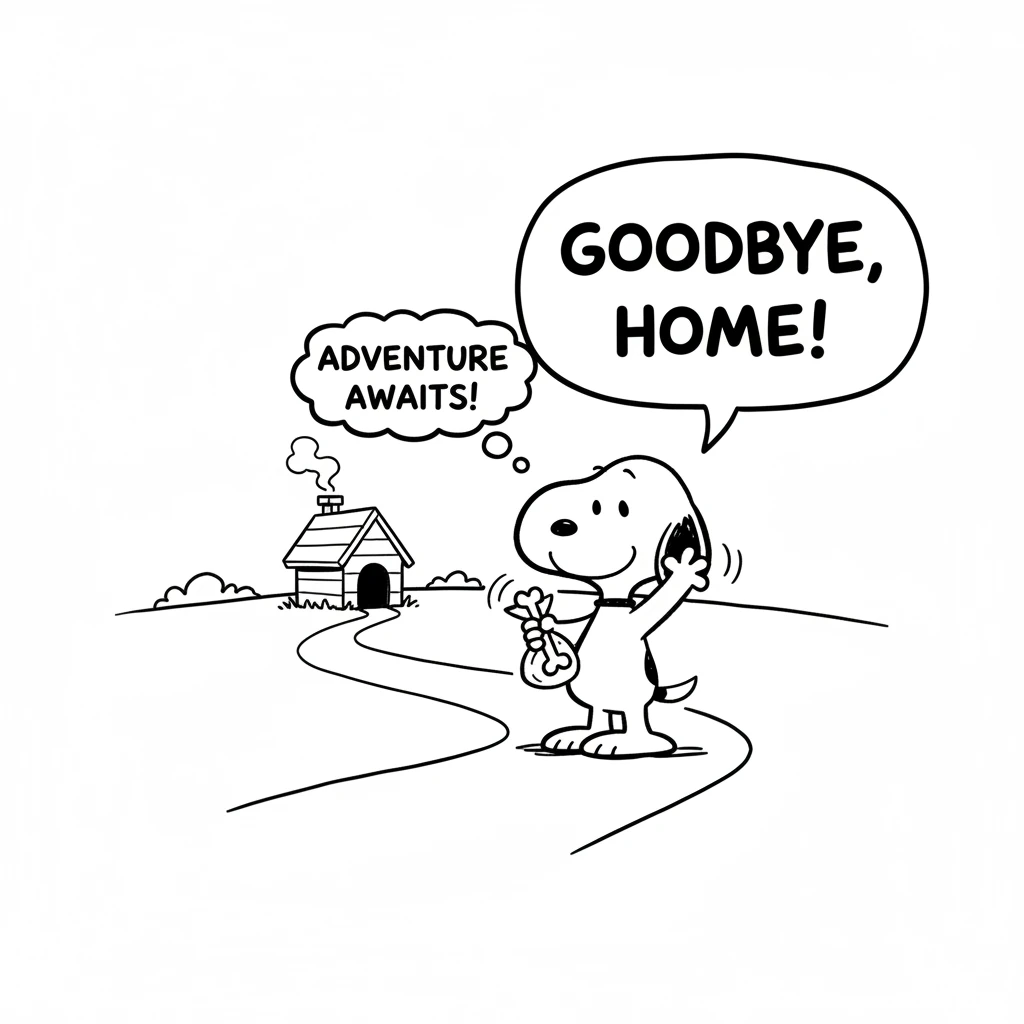 With a wagging tail and a happy bark, Wobble packed a tiny bone and waved goodbye to his cozy home. He took a deep breath, ready for whatever adventur
