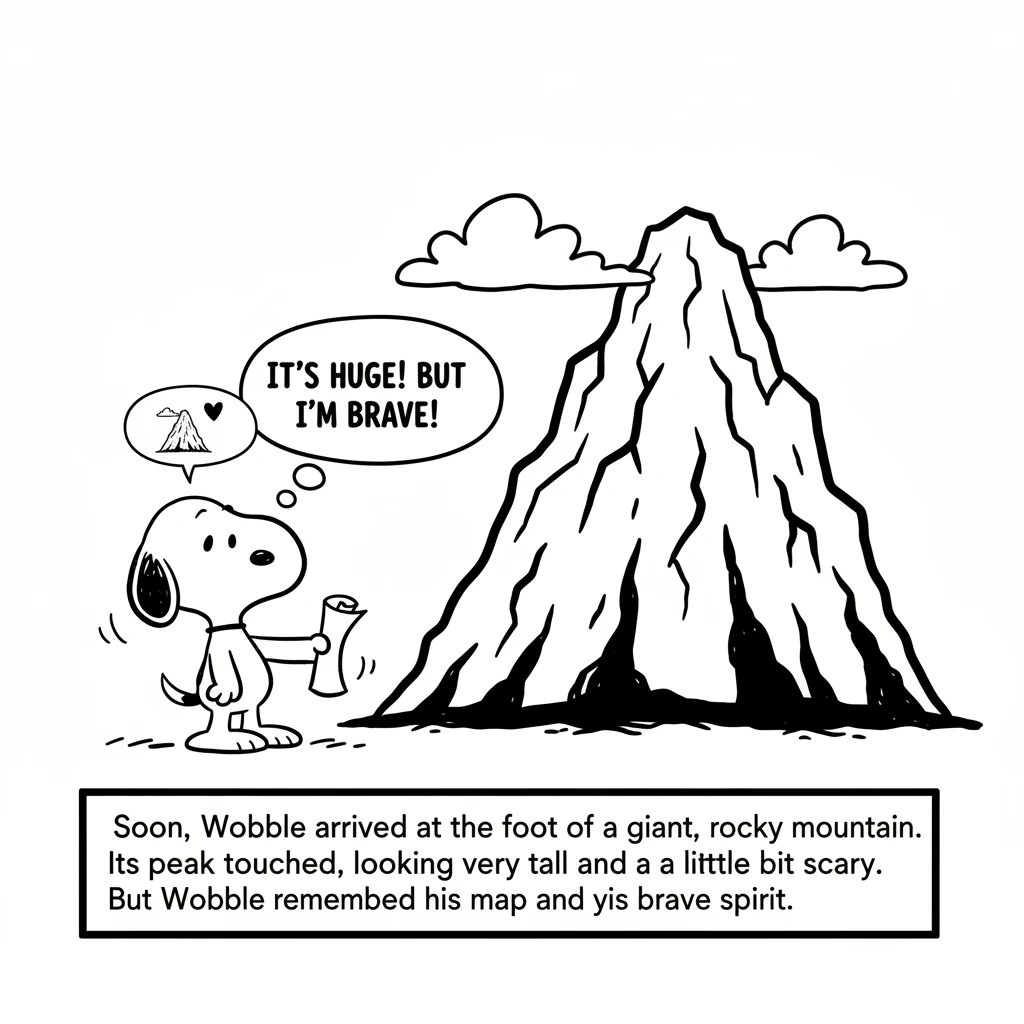 Soon, Wobble arrived at the foot of a giant, rocky mountain. Its peak touched the clouds, looking very tall and a little bit scary. But Wobble remembe