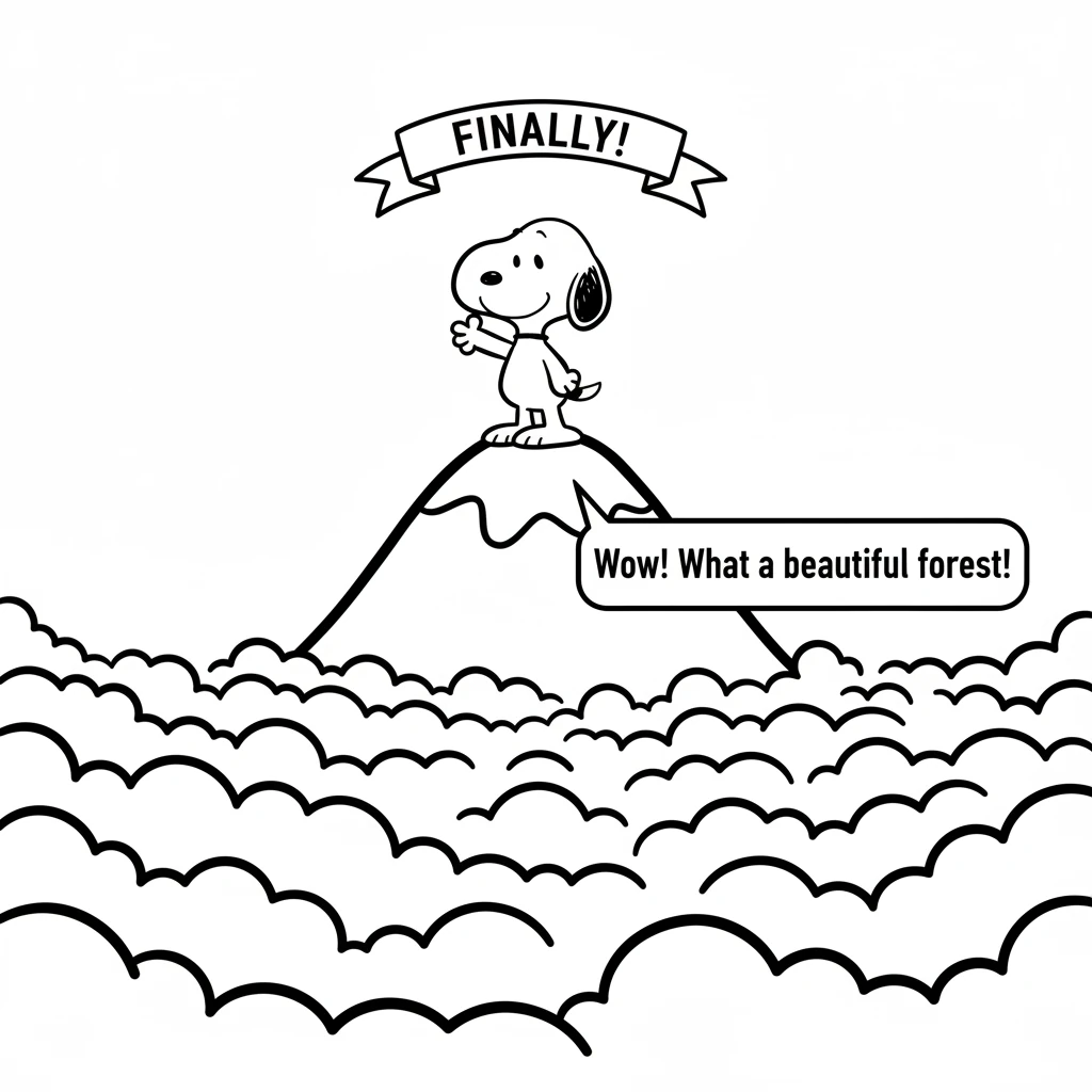 Finally, Wobble stood proudly on the mountain's highest point! From there, he could see a beautiful, sprawling forest below. It looked like a soft gre