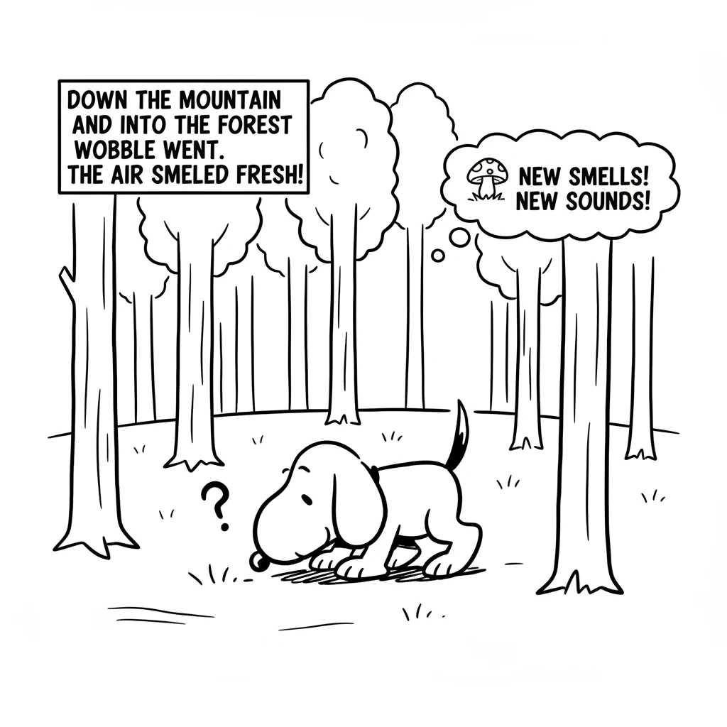 Down the mountain and into the forest Wobble went. Tall trees made shadowy paths, and the air smelled fresh and earthy. He carefully sniffed around, d