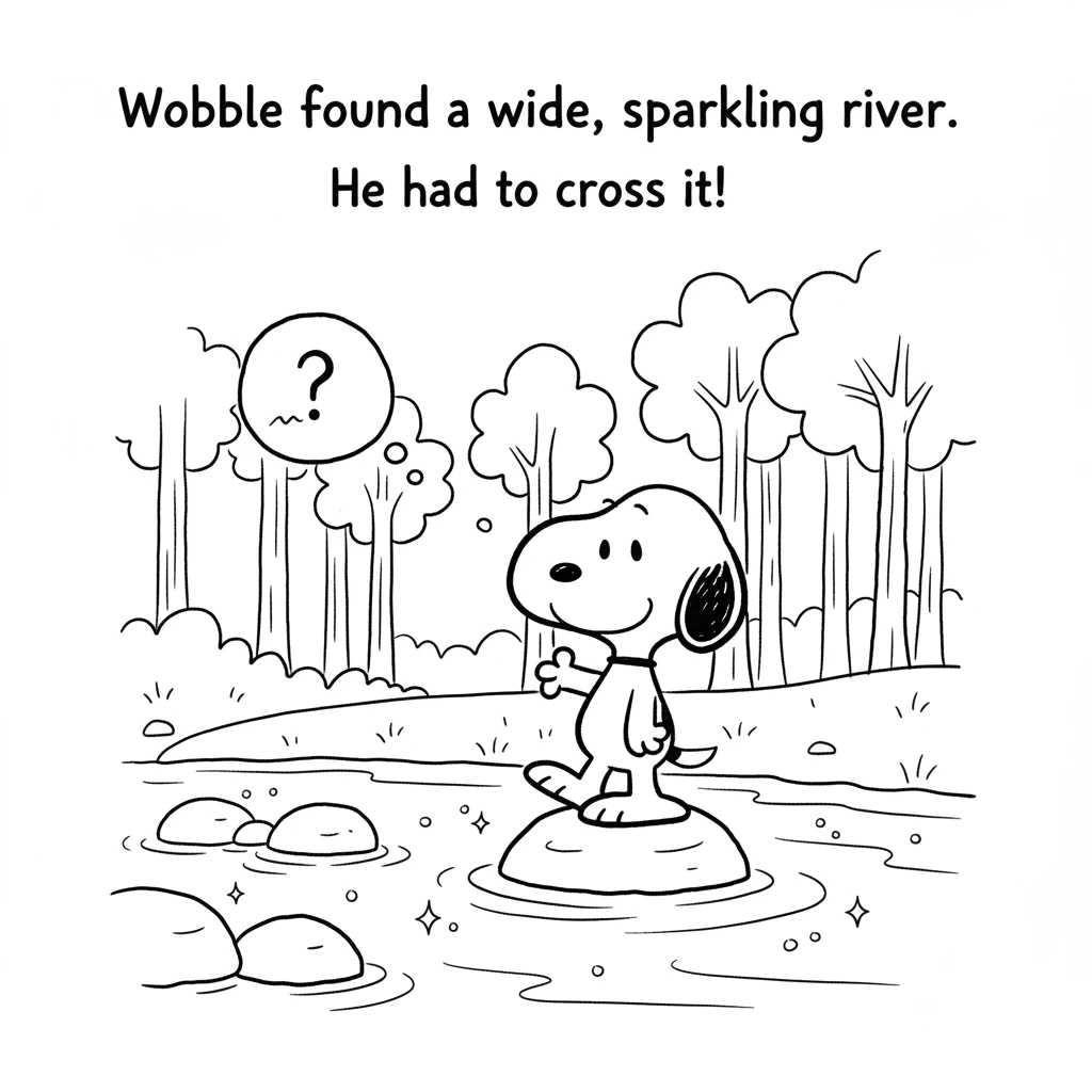 Deep within the forest, Wobble found a wide, sparkling river. Its clear water tumbled over smooth stones, making a cheerful sound. He knew he had to c