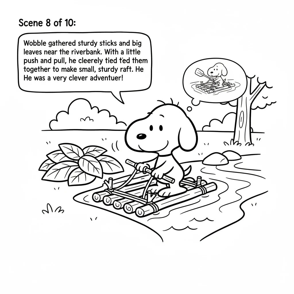 Wobble gathered some sturdy sticks and big leaves near the riverbank. With a little push and pull, he cleverly tied them together to make a small, stu