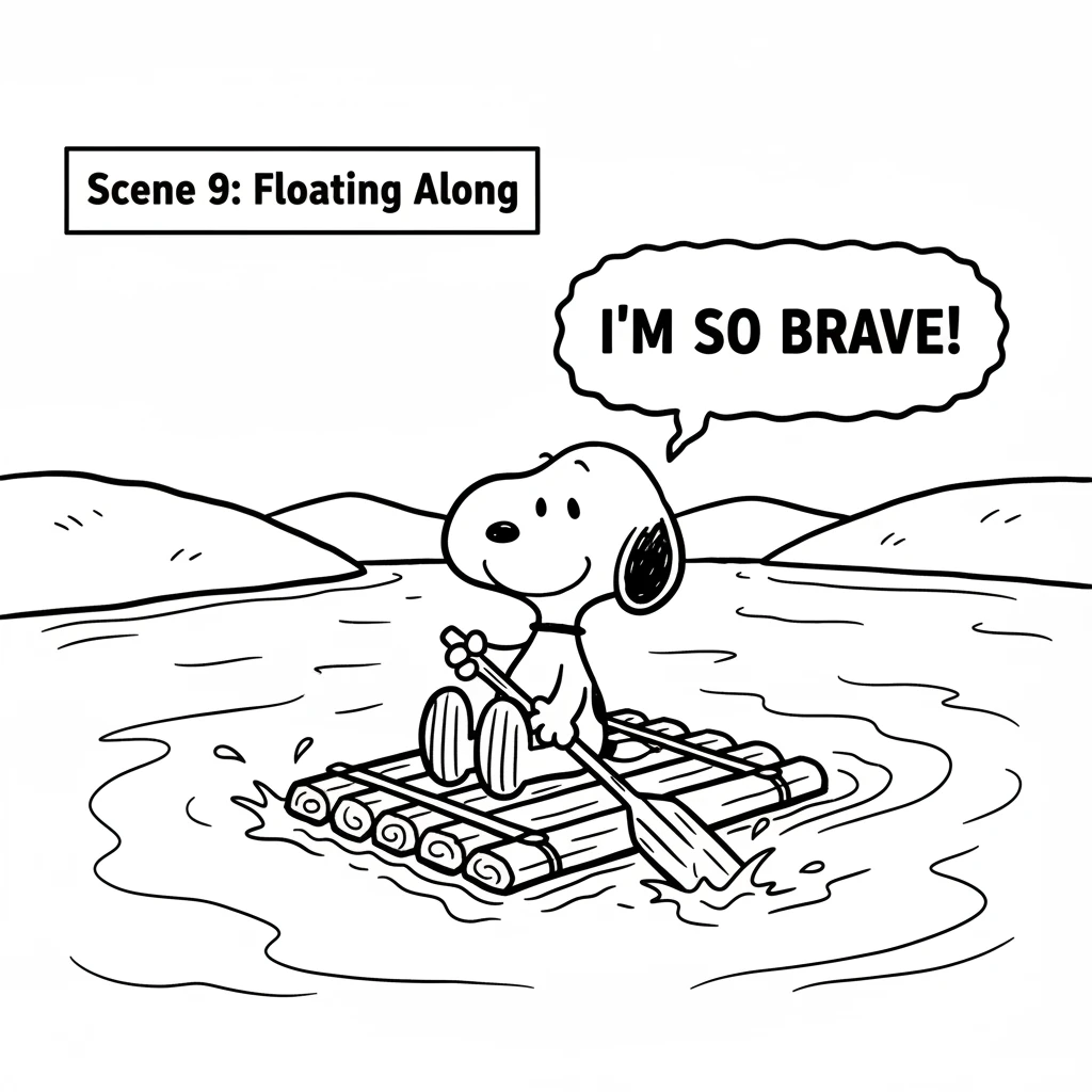 Carefully, Wobble pushed his raft into the water and floated across the wide river. The current was gentle, and he paddled with his paws, feeling prou