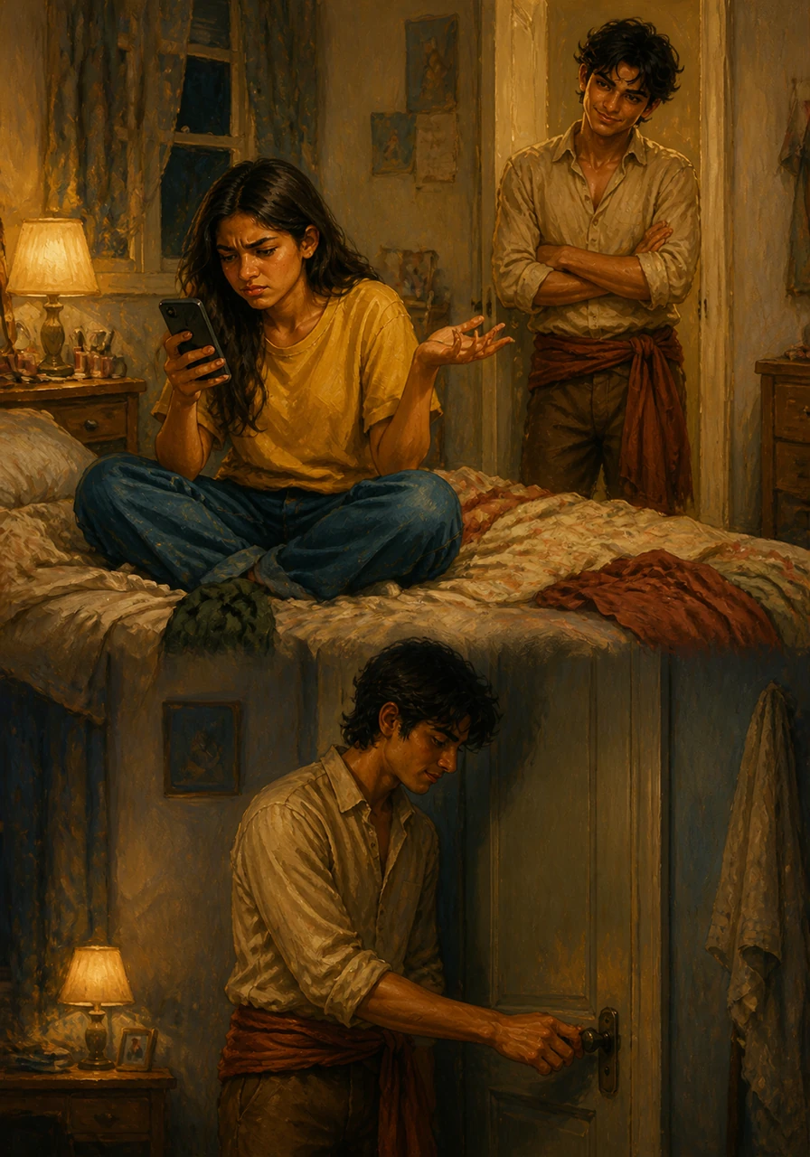 Anushka sits on her messy bed, scowling at her phone while complaining about her boring life. Her older brother Anish smirks and teases her about being a future CEO, but later that night, he quietly checks if her bedroom door is safely locked.