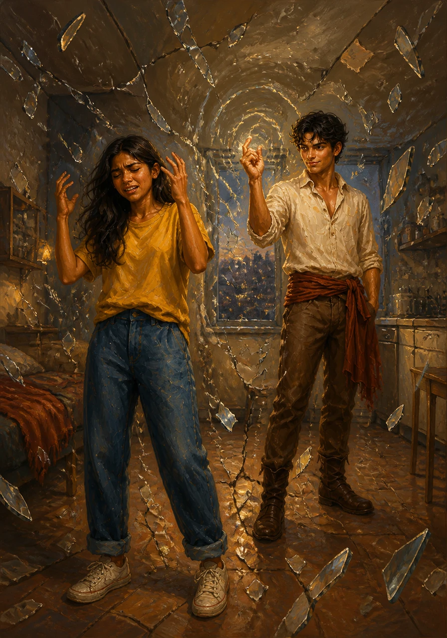 One evening, Anushka’s frustration boils over as she wishes for a completely different life. Anish looks at her with a strange, serious expression before snapping his fingers, causing the air to ripple and the reality of their small apartment to shatter like glass.