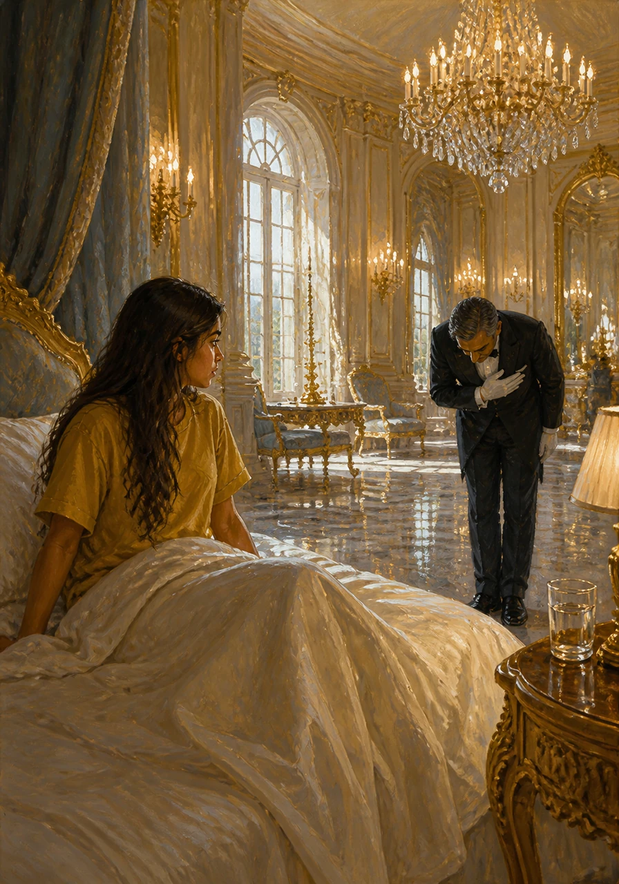 She wakes up in a cold, vast mansion filled with gold accents and sparkling glass. A polite butler bows deeply and calls her Miss Anushka, presenting her with a world where everything is expensive, silent, and perfectly in place.