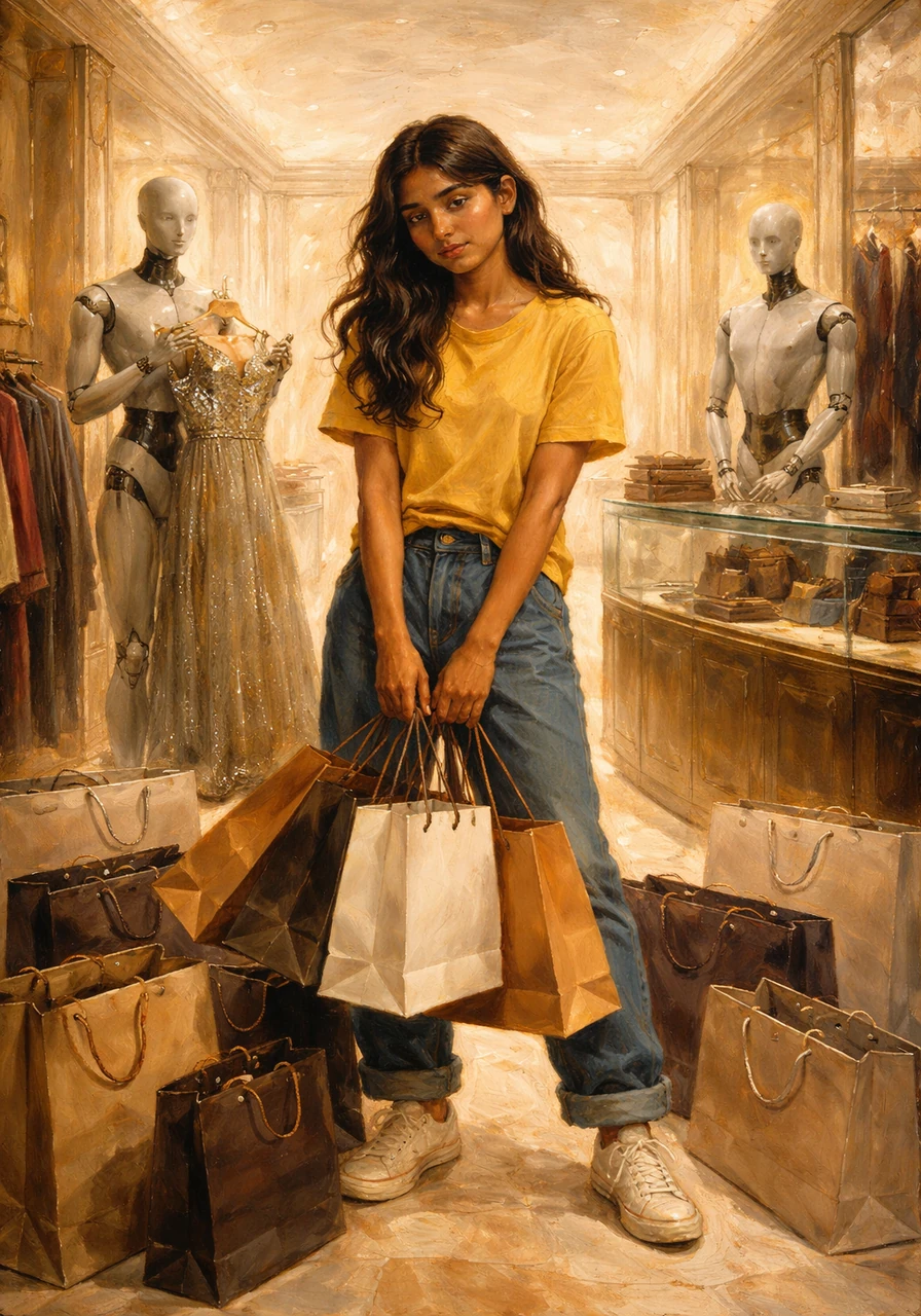 Anushka spends her day at a luxury mall where stores close just for her, and she buys every designer item she ever desired. However, the shopkeepers are robotic and cold, offering no real conversation or the human warmth she didn't realize she would miss.