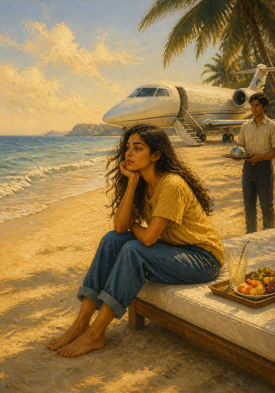 She travels the world on private jets and rests on pristine, empty beaches with every whim catered to instantly. Despite the luxury, she whispers into the wind, feeling a growing ache of loneliness in a world that responds to her commands but not her heart.