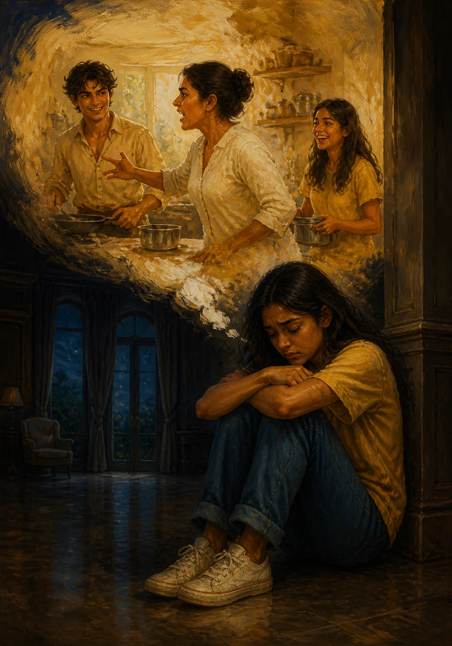 Back in her silent mansion at night, the emptiness becomes unbearable as she remembers the sound of her mother shouting from the kitchen. She realizes that the noisy chaos of her real home was actually the sound of life and love happening all around her.