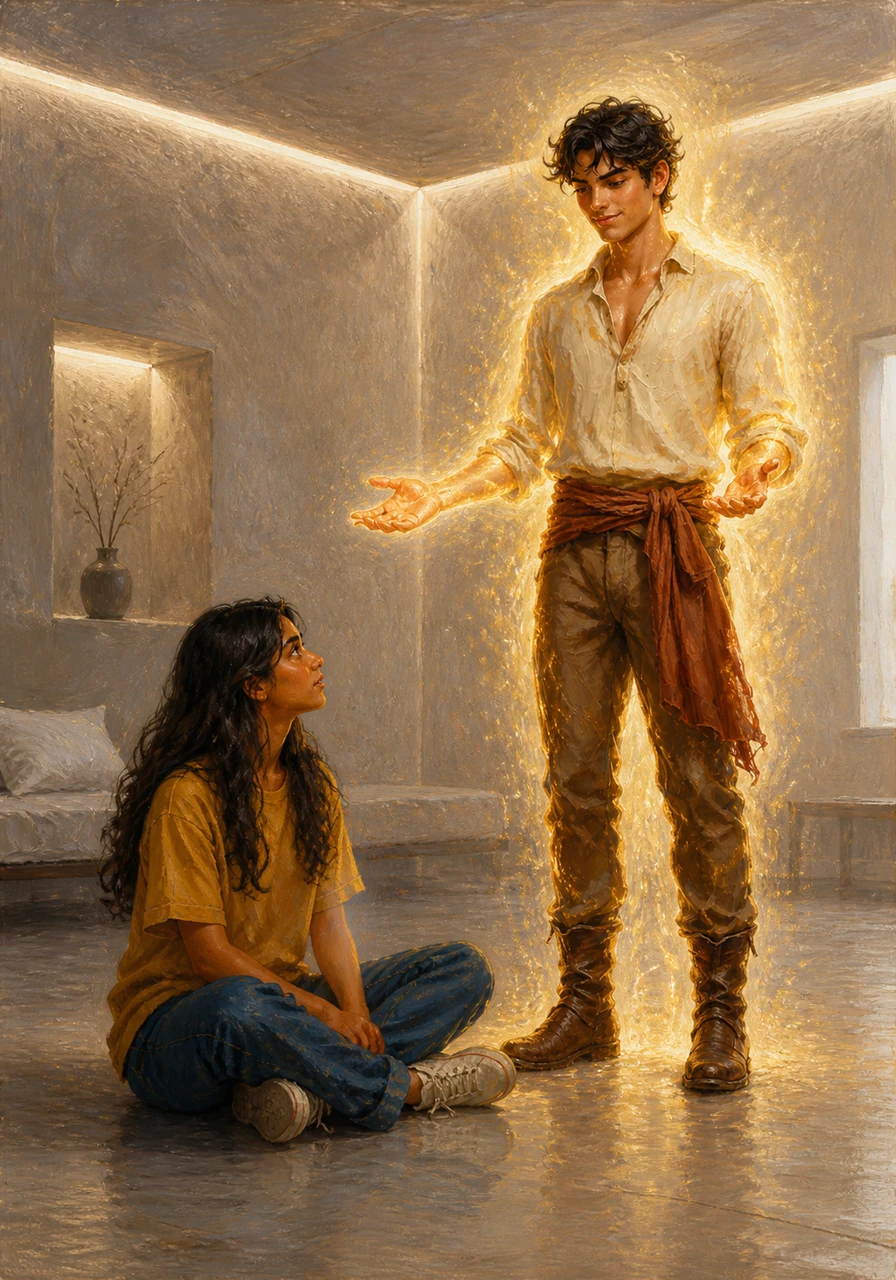 A glowing, calm version of Anish appears in the room, looking more like a celestial being than an annoying brother. He explains that he granted her wish by removing everything imperfect, leaving her with a life that is flawless but entirely hollow.