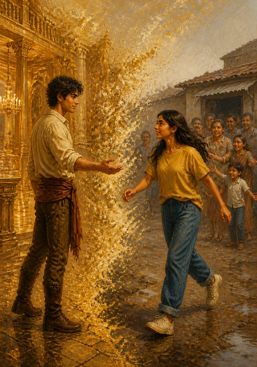 The golden mansion begins to dissolve like a fading dream as Anish raises his hand and offers her a final choice. Without a single moment of hesitation, Anushka chooses to leave the gold behind for the messy, loud reality of her real family.