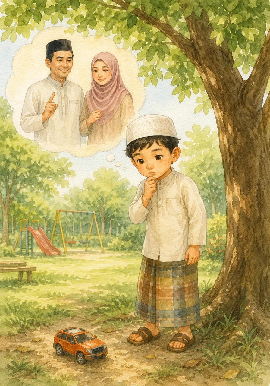 Saat bermain di taman yang asri, Omar menemukan sebuah mobil-mobilan bagus yang tertinggal di bawah pohon rindang. Meskipun ia sangat menyukai mainan itu, Omar teringat pesan Ayah untuk selalu jujur dan tidak mengambil barang yang bukan miliknya.
