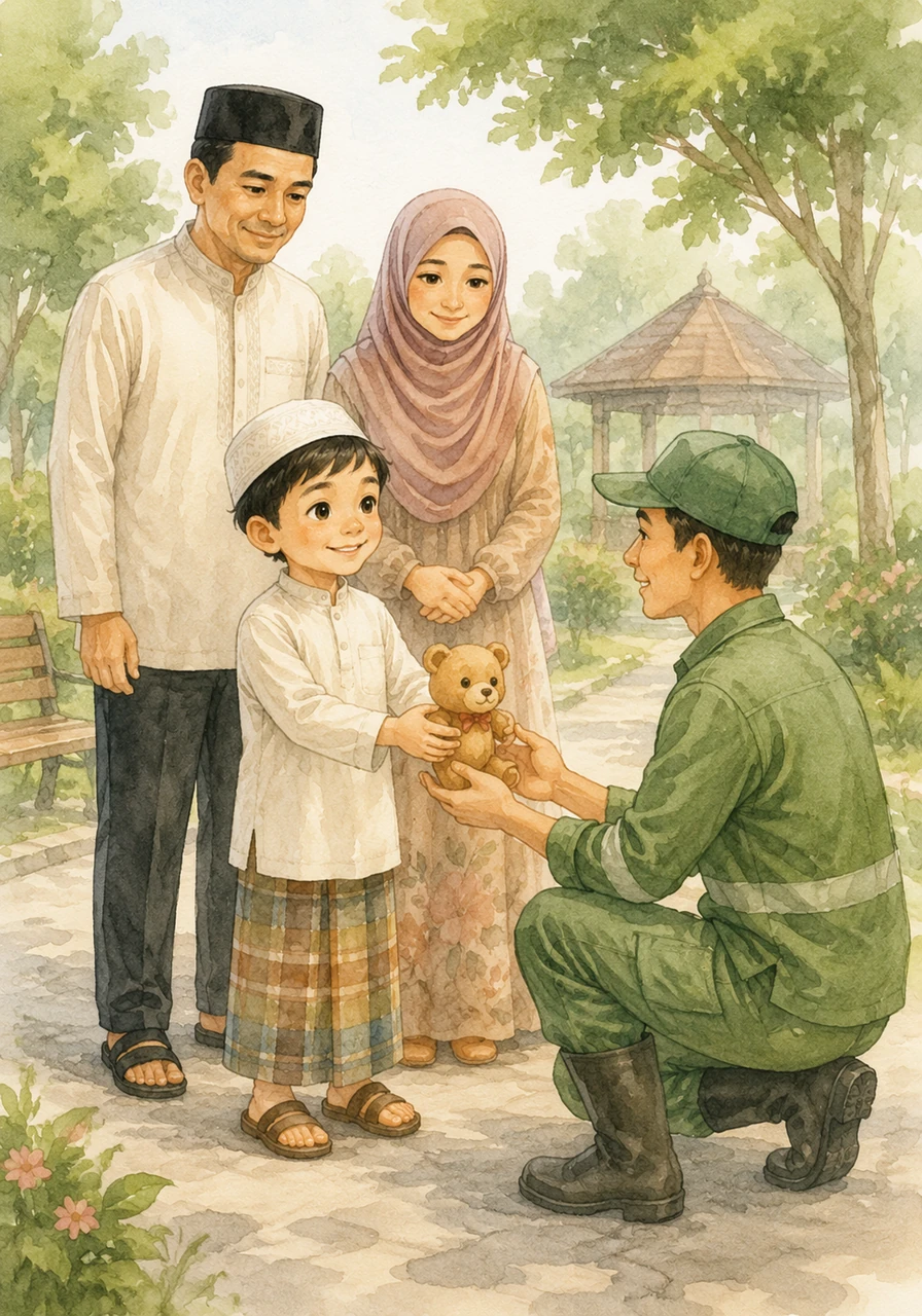 Dengan hati yang mantap, Omar membawa mainan itu kepada petugas taman agar bisa dikembalikan kepada pemiliknya yang mungkin sedang mencari. Ia merasa tenang dan bahagia karena telah melakukan hal yang benar demi mencari ridha Allah semata.