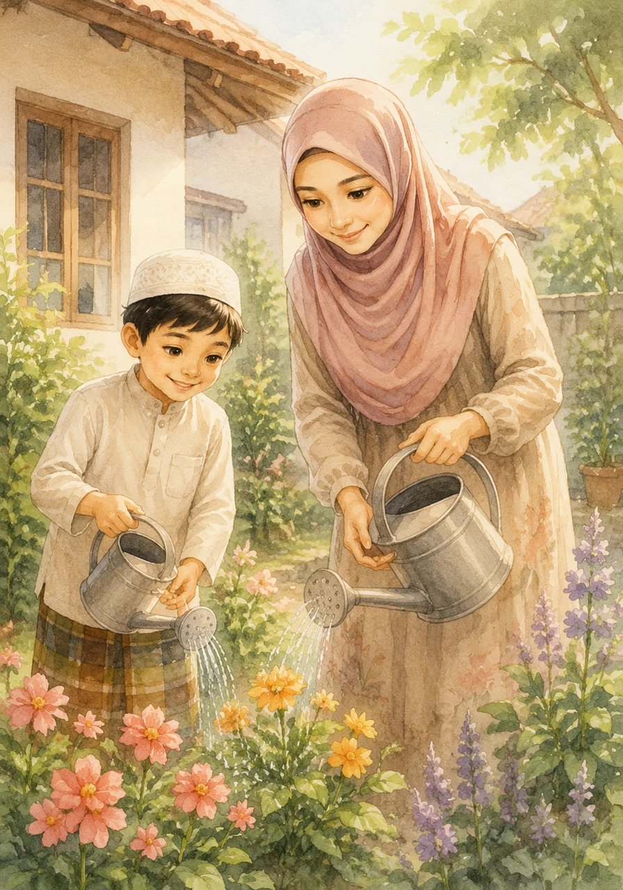 Di rumah, Omar membantu Ibu menyiram tanaman bunga di halaman meskipun cuaca terasa sedikit panas. Ia melakukannya dengan ikhlas tanpa mengharapkan imbalan, karena ia tahu bahwa membantu orang tua adalah salah satu jalan menuju surga.