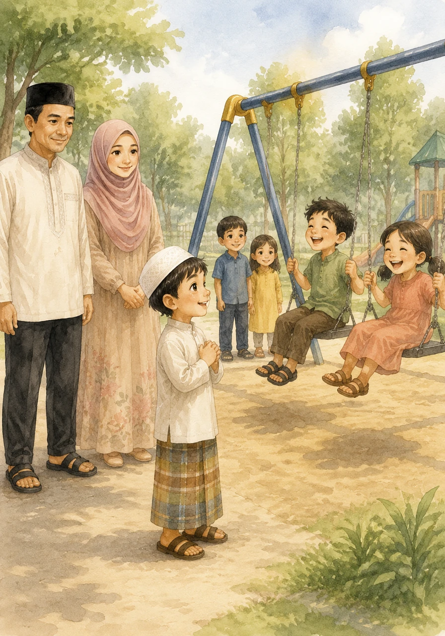 Ketika ingin bermain ayunan yang sedang penuh oleh anak-anak lain, Omar menarik napas dalam-dalam dan menunggu gilirannya dengan sabar. Ia tidak merengek atau menyerobot antrean, melainkan memberikan semangat kepada teman-temannya yang sedang bermain.