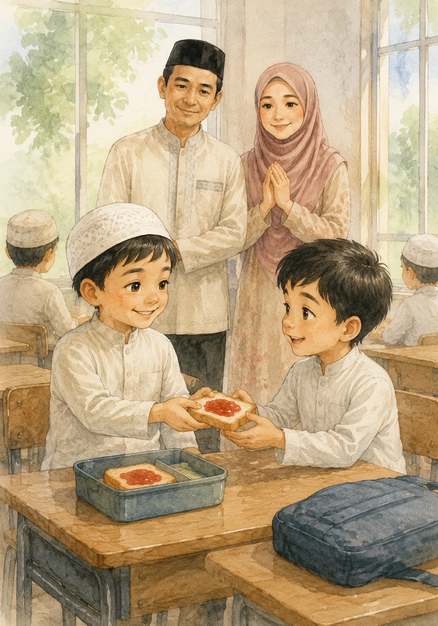 Omar membagi bekal roti selainya dengan seorang teman yang lupa membawa makanan ke sekolah hari itu. Ia memberikan bagian yang terbaik dengan tulus, merasa senang bisa berbagi rezeki dan melihat senyum di wajah temannya.
