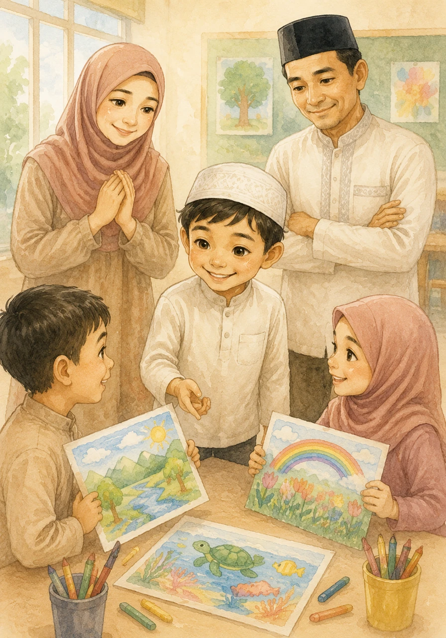 Setelah memenangkan lomba mewarnai di sekolah, Omar tidak menyombongkan diri atau merasa lebih hebat dari yang lain. Ia justru menghampiri teman-temannya dan memuji hasil karya mereka yang juga sangat indah dan penuh warna.