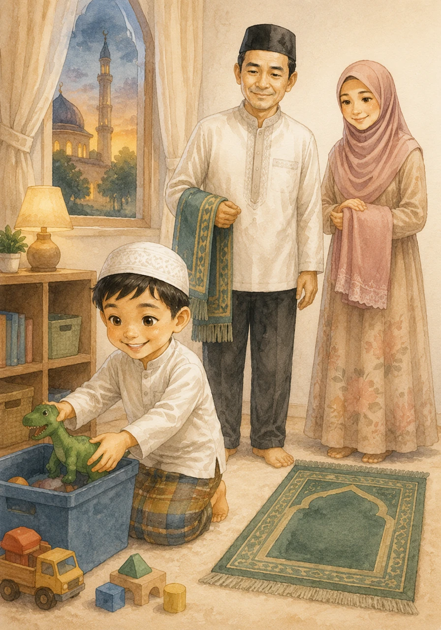 Saat azan berkumandang, Omar segera merapikan mainannya dengan rapi dan bersiap-siap untuk salat berjamaah bersama Ayah. Ia merasa sangat bersemangat menjalankan ibadah karena cinta kepada Allah yang telah memberikan banyak kenikmatan.