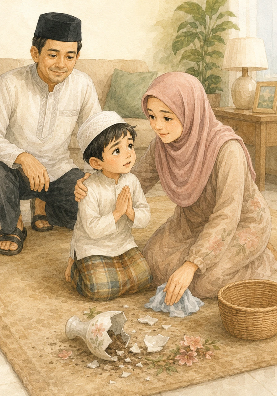 Ketika tidak sengaja menjatuhkan vas bunga kecil, Omar langsung mengaku kepada Ibu dengan jujur dan meminta maaf tanpa rasa takut. Ibu memeluk Omar dengan lembut, menghargai kejujurannya dan mengajarkannya cara membersihkan pecahan itu dengan hati-hati.
