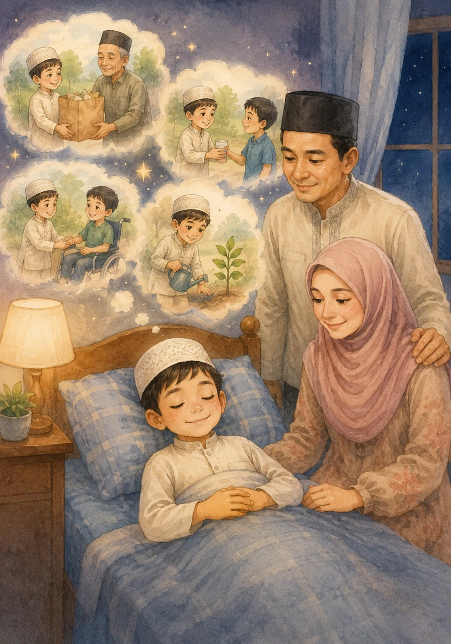 Sebelum tidur, Omar merenungkan semua kebaikan yang ia lakukan hari ini bersama Ayah dan Ibu dalam suasana yang hangat. Ia memejamkan mata dengan hati yang damai, bertekad untuk terus menjadi anak yang rendah hati dan bermanfaat bagi dunia.