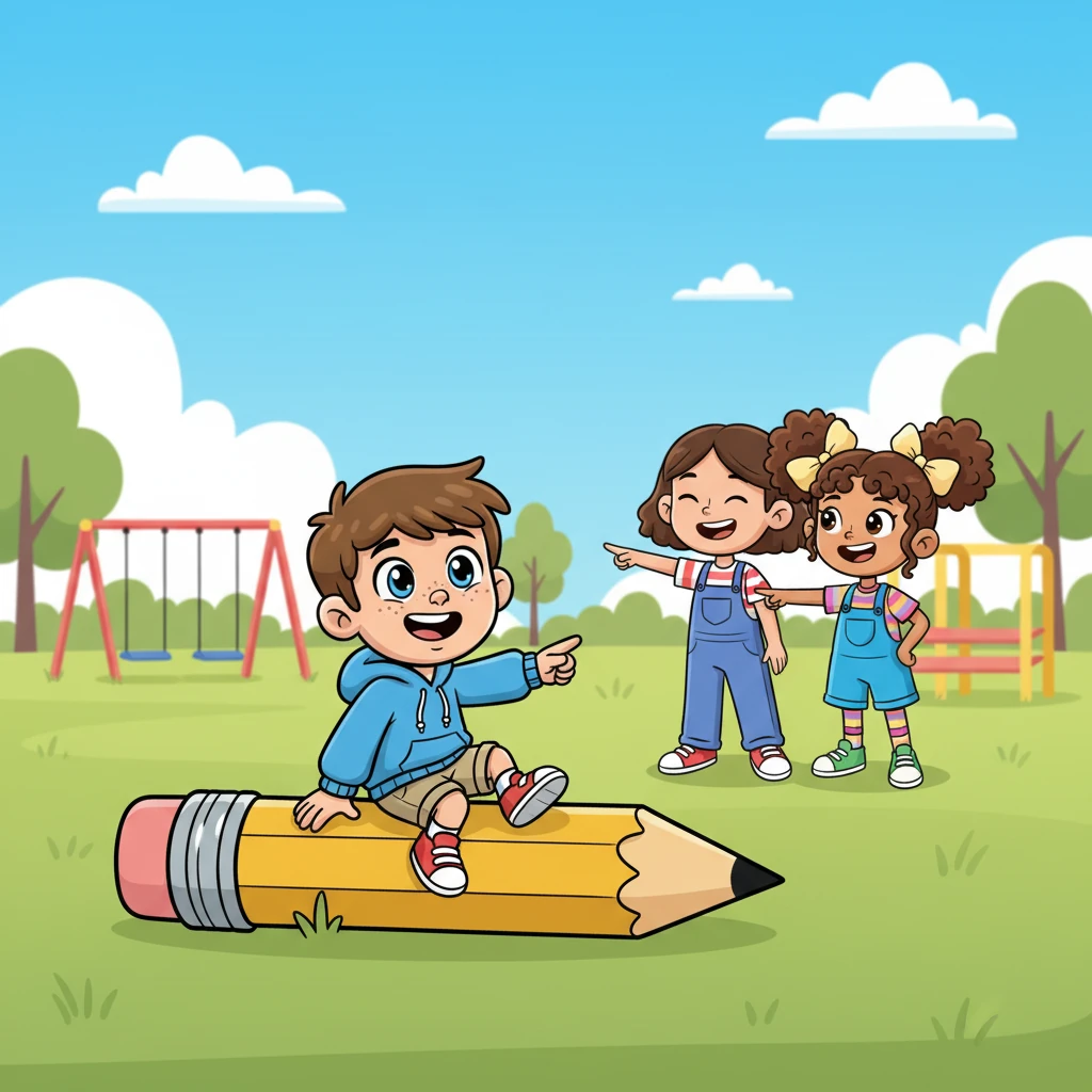 Will, a tiny 6th-grade boy, was perched on a giant pencil on the school playground. He looked just like a regular paper clip, completely unaware of the giggling girls nearby. The sun shone brightly, making his metallic-like skin shimmer as he watched the world go by.