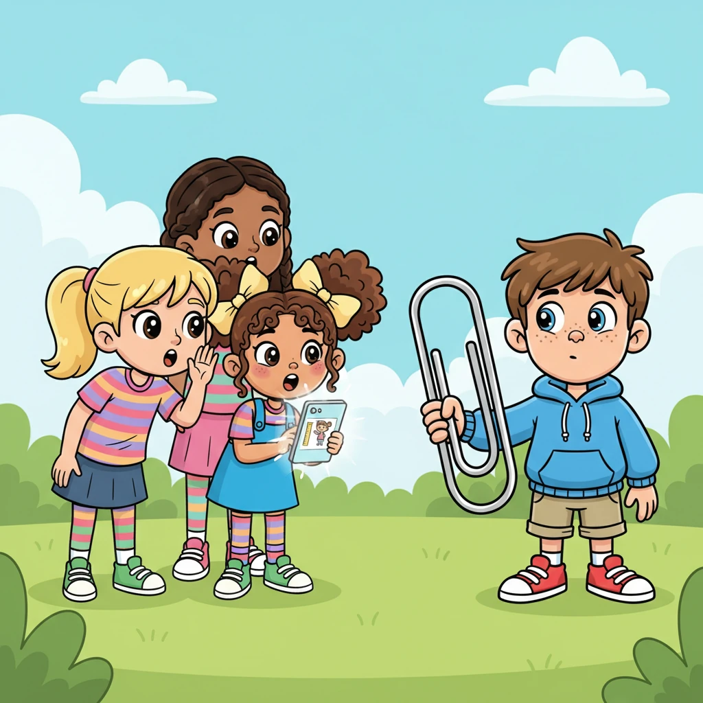A group of girls, led by the popular social media star Emma, huddled together, eyes glued to a phone. They whispered excitedly about a new 'tiny boy challenge' trend. Their eyes suddenly sparkled as they spotted Will, a perfect candidate for their video.