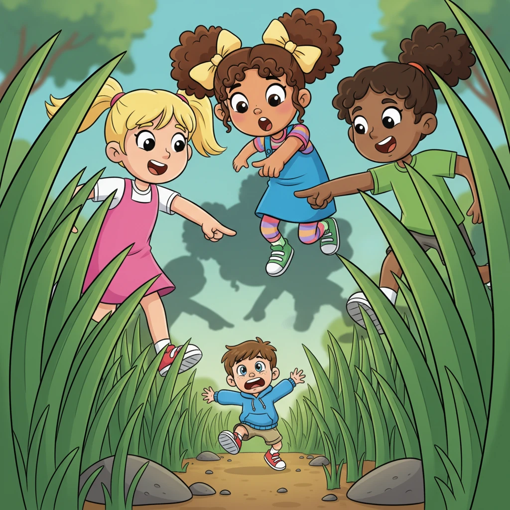 Suddenly, a shadow loomed over Will. He looked up to see Emma and her friends pointing and rushing towards him! Will, quick as a flash despite his size, darted between towering blades of grass and pebbles, trying desperately to hide from the giant girls.