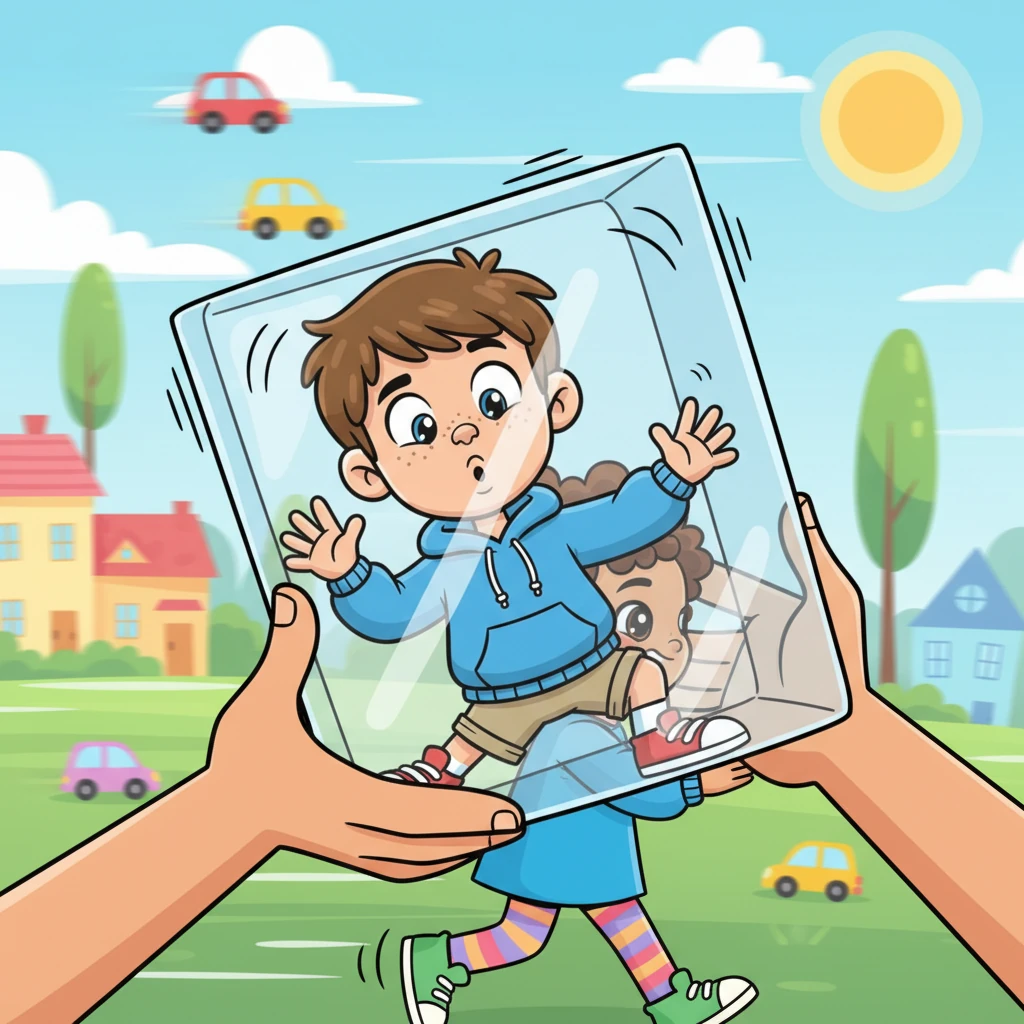 Will found himself trapped inside a clear plastic snack box, bouncing gently as Emma carried him home. He pressed his face against the side, watching the giant world blur past outside. Houses, trees, and cars zoomed by like colorful blurs.