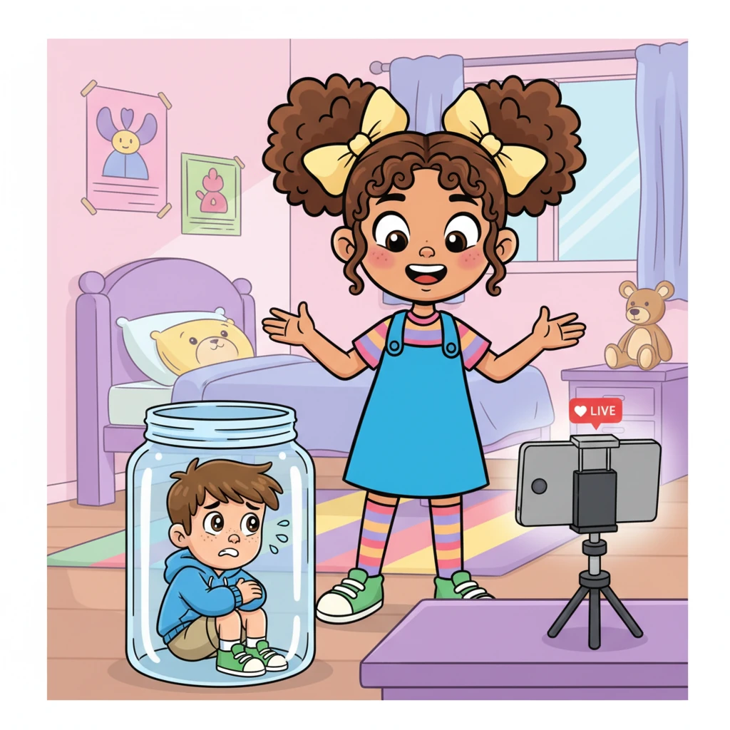 In her brightly colored bedroom, Emma set up her phone on a tripod. She began talking animatedly to the camera, explaining the 'tiny boy trend' to her online followers. Will watched from his plastic prison, a shiver running down his spine.