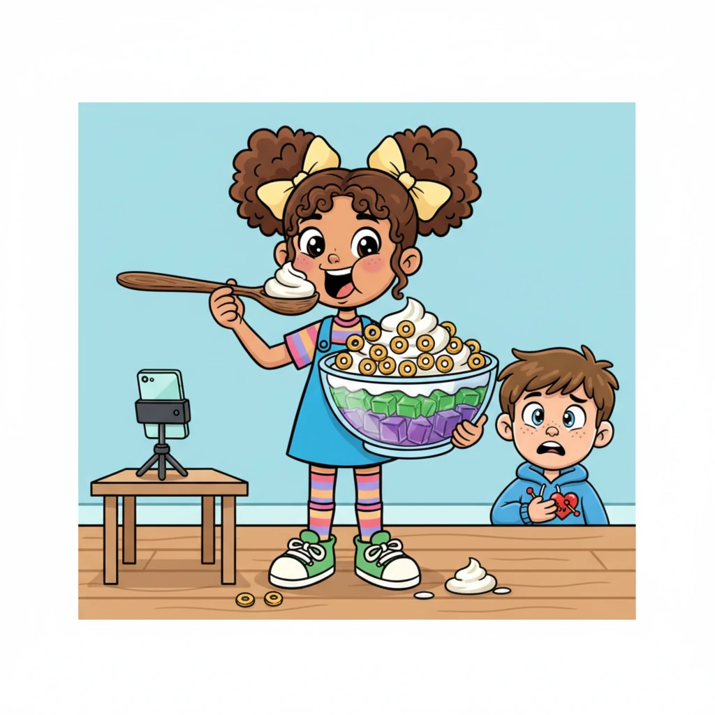 Emma, still broadcasting live, prepared a huge spoon and a bowl filled with different foods: fluffy whipped cream, jiggly jelly, and crunchy cereal. She playfully tested each one, wondering which would be 'best' for the trend. Will's heart thumped like a tiny drum.