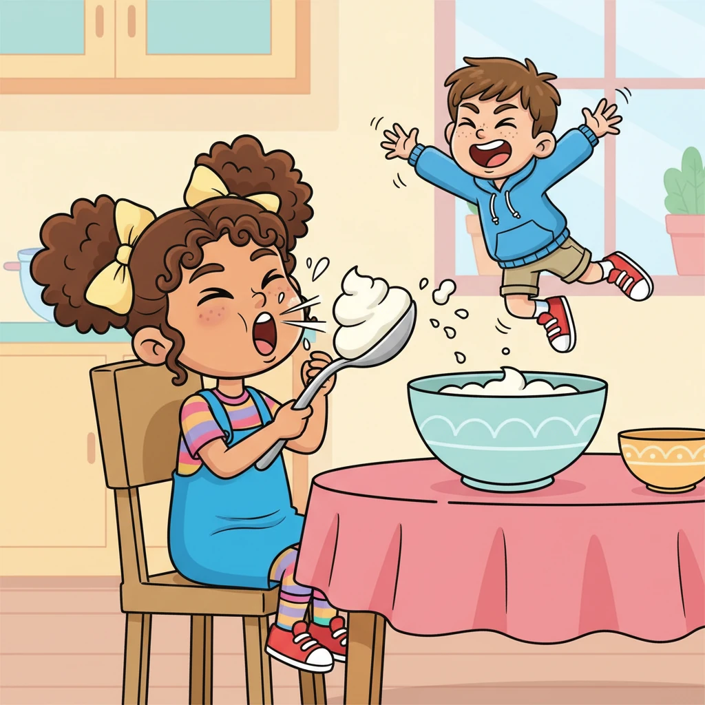 Just as the spoon entered Emma's mouth, Will mustered all his courage. He used the whipped cream as a sticky springboard and, with a powerful leap, launched himself out! A sudden, giant sneeze from Emma helped propel him even further.
