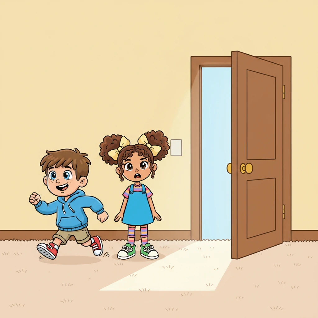 Will landed with a soft thud on the plush carpet, dazed but free! Emma, surprised by the unexpected sneeze, looked around in confusion, wondering where her tiny friend had gone. Will, seeing his chance, made a speedy dash for the open door, ready for his next big adventure!