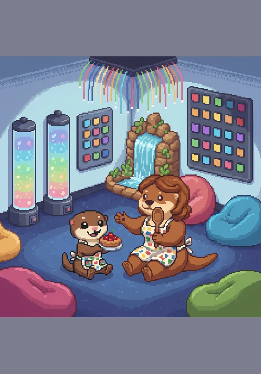 The sensory room is filled with soft mats and bright, hanging ribbons that dance in the breeze. Ollie peeks out from behind Mama’s tail, wide-eyed at all the new colors and friendly faces.