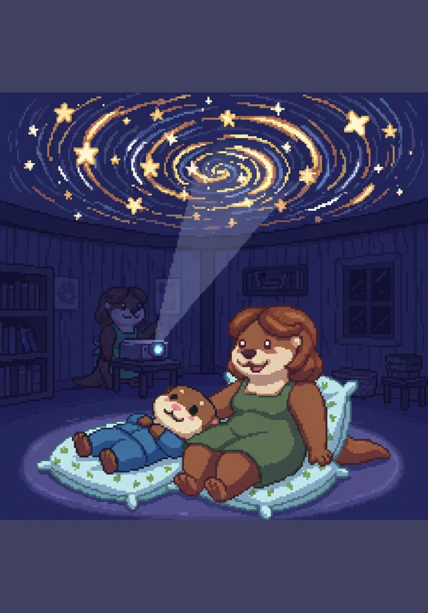 The lights grow dim, and suddenly the ceiling is covered in glowing, spinning stars. Ollie lays back on a soft cushion next to Mama, watching the magical light show dance across the walls.