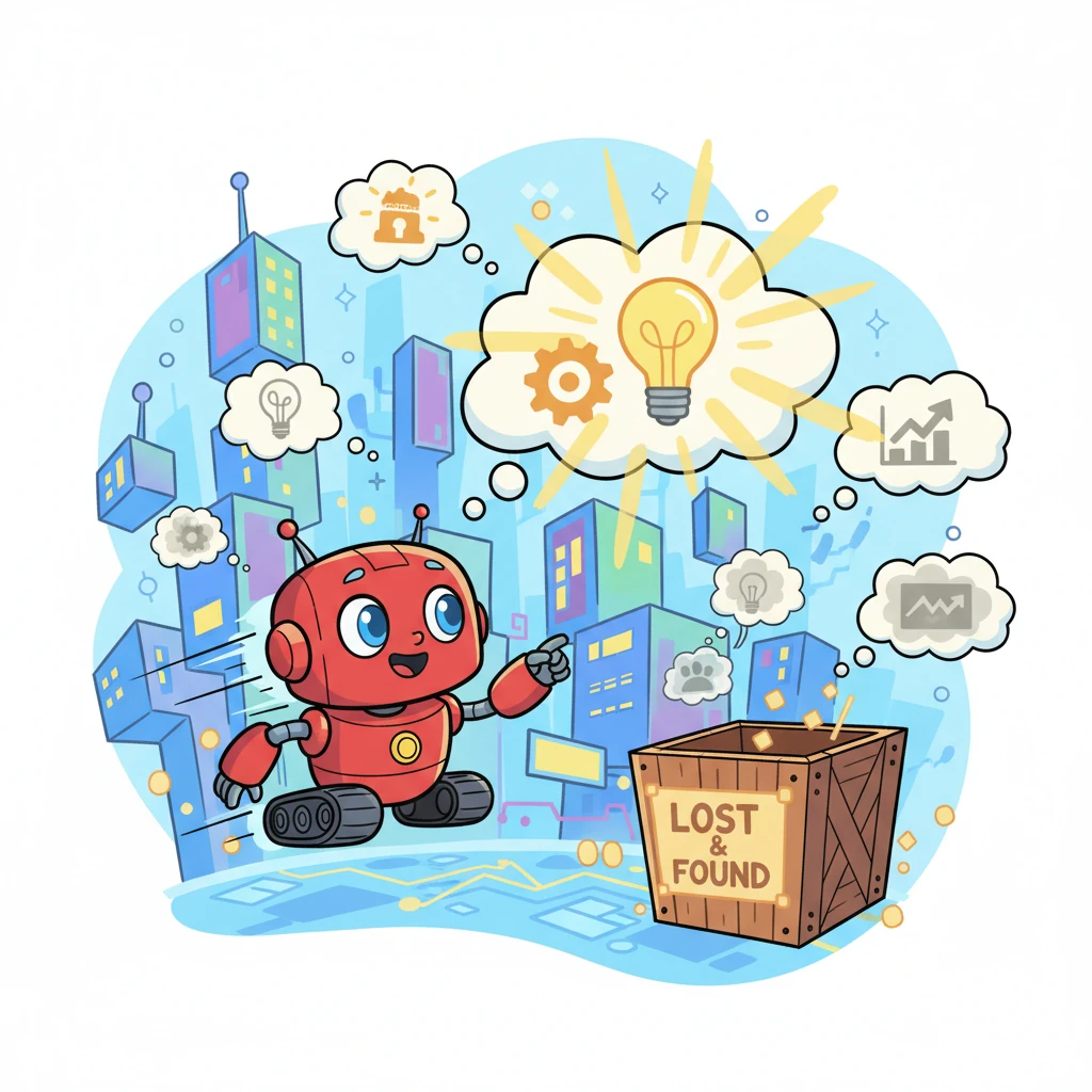 Pip, a cheerful little robot with bright, curious eyes, zoomed through a bustling digital city. He noticed some amazing ideas floating by like clouds, but many were dim and unnoticed, slowly drifting towards a 'Lost & Found' bin.
