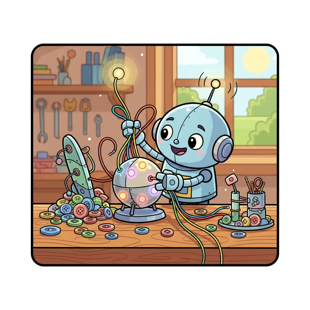 With a joyful whir and cheerful beeps, Pip began to build. He gathered colorful wires, shiny buttons, and soft, glowing lights, carefully assembling a whimsical machine with a friendly, waving antenna.