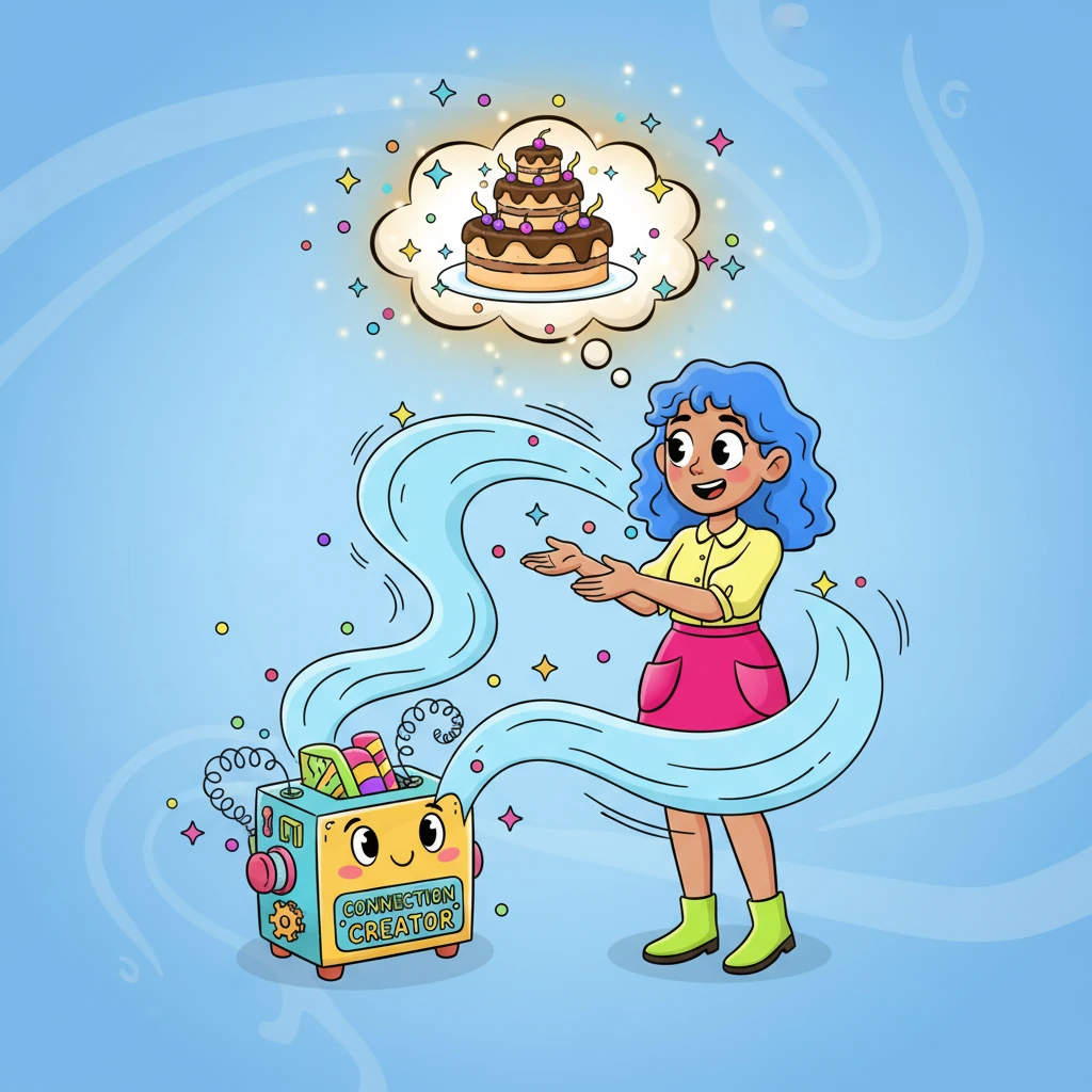 POP! WHIZZ! The Connection Creator sprang to life, sending out gentle, friendly 'hello' waves and bright, inviting sparkles. These magical sparkles gently gathered around the wobbly cake idea-cloud, making it glow.