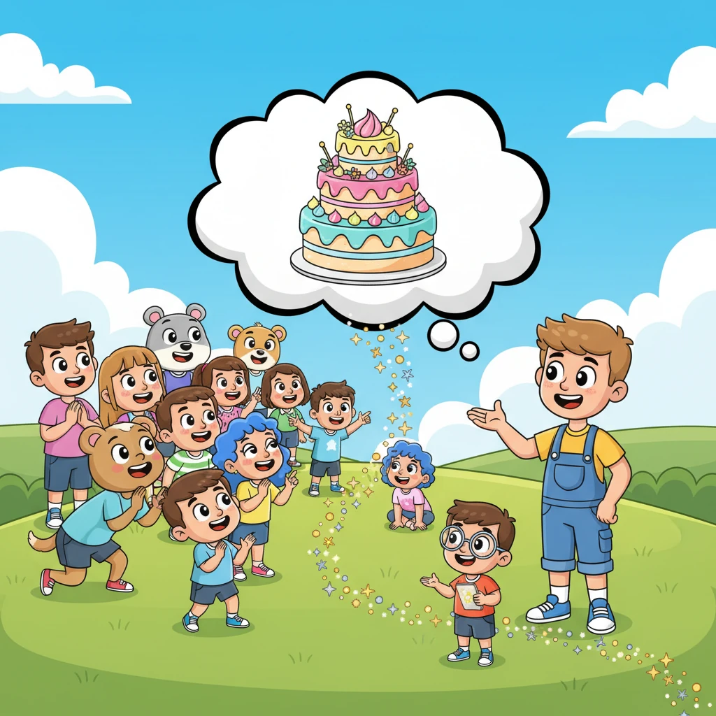 A joyful crowd quickly surrounded the cake idea-cloud, admiring its charm and delicious-looking frosting. They "followed" the trail of friendly sparkles back to Pip, trusting his wonderful invention.