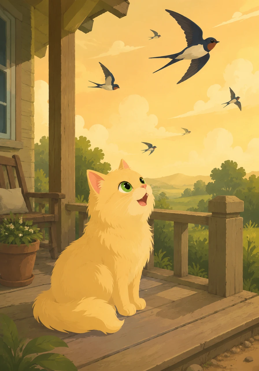 Goldie, a fluffy blond cat with bright green eyes, sat on the porch watching the swallows dive through the golden afternoon sky. She let out a soft meow, wishing her paws could touch the clouds instead of the dusty wooden floor.