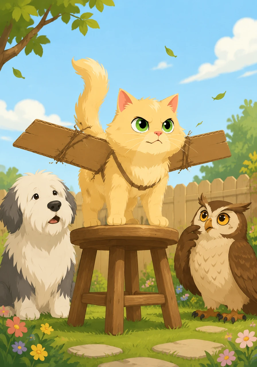 Determined to join the birds, Goldie found two large pieces of cardboard and tied them to her back with some old yarn. She stood atop a small garden stool, wiggling her tail and preparing for her very first takeoff into the breeze.