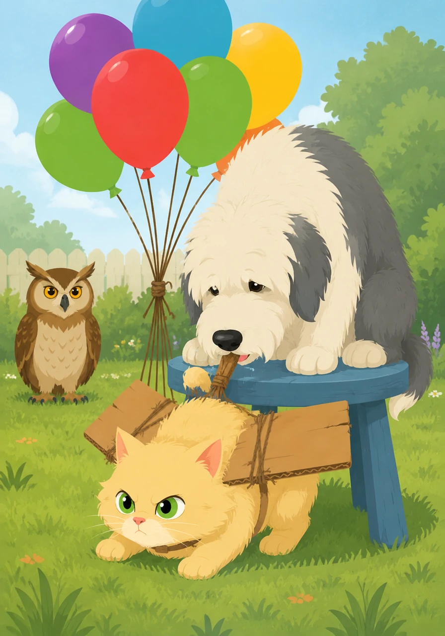 Just as she was about to leap, Barnaby the sheepdog trotted over and gently nudged the stool with his wet nose. He barked softly and sat on her cardboard wings, reminding Goldie that cats were meant for pouncing on the grass, not soaring through the air.