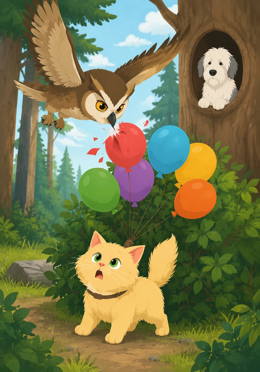 Not giving up, Goldie found a bunch of colorful helium balloons stuck in a bush and tied them to her collar. Oliver the wise owl swooped down from his hollow, using his sharp beak to gently pop the balloons one by one before she could float away into the tall trees.