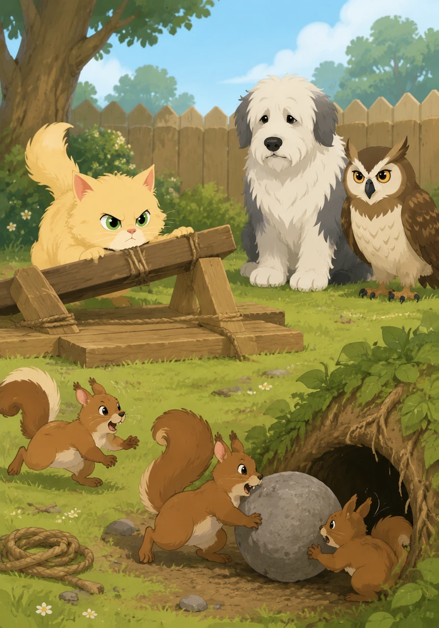 Goldie decided to build a wooden catapult using a long plank and a heavy round stone in the backyard. A group of busy squirrels noticed her plan and quickly rolled the stone away into a hidden burrow, chattering nervously to keep their feline friend safe.