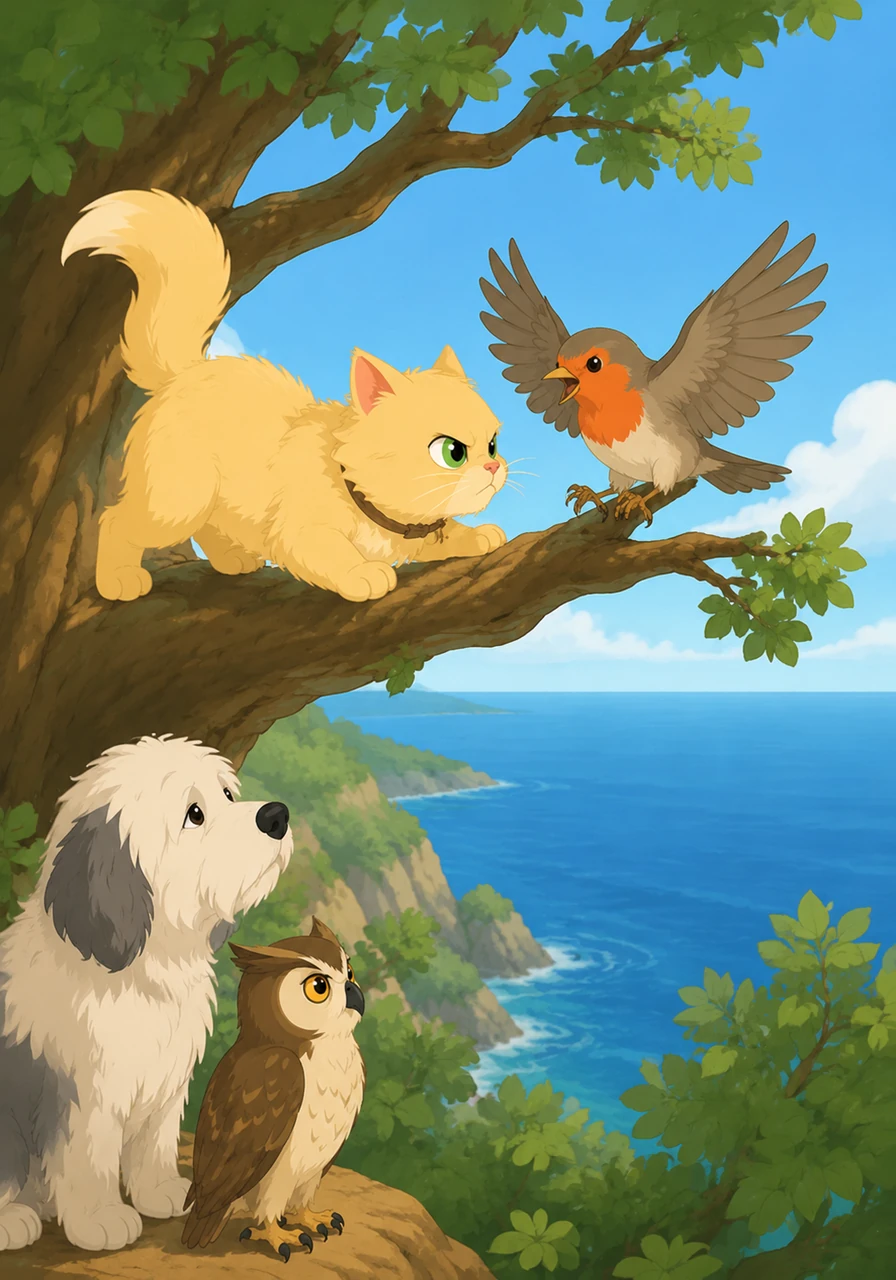 With a determined look, Goldie climbed to the highest branch of the ancient oak tree, peering over the edge at the vast blue horizon. A mother robin flapped her wings frantically in Goldie's face, blocking her path and chirping a loud warning about the long drop below.