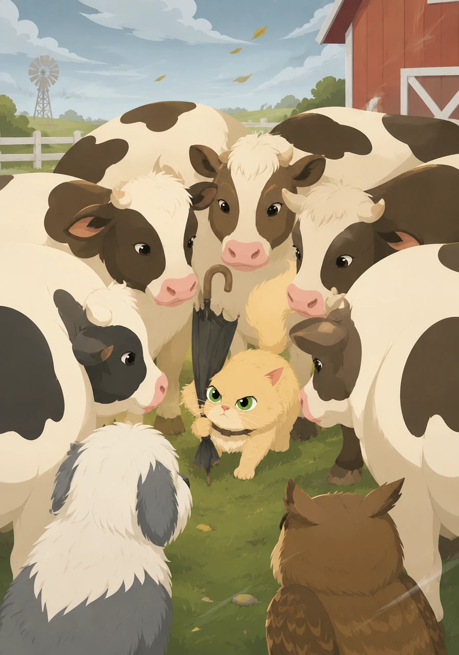 Goldie grabbed a discarded umbrella and waited for a strong gust of wind to lift her into the sky like a dandelion seed. Before the wind could catch her, the farm cows gathered in a tight circle around her, creating a warm, furry wall that blocked the breeze entirely.